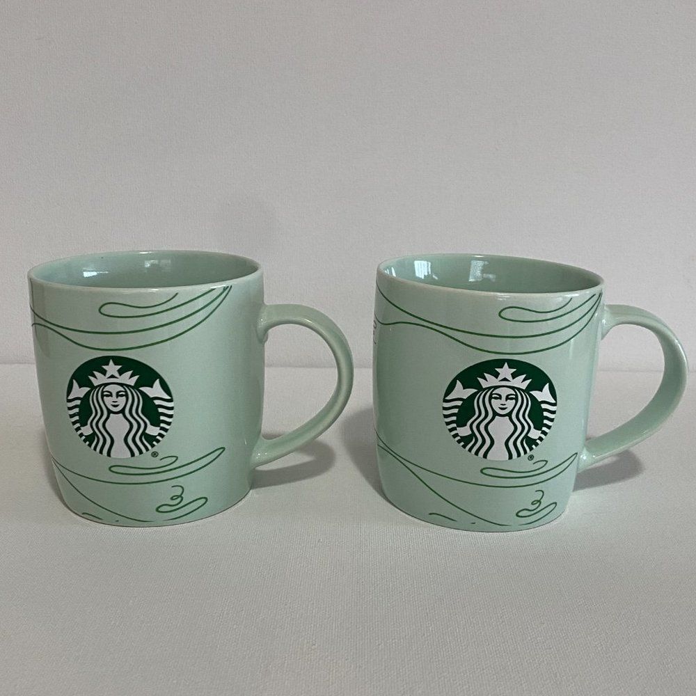 STARBUCKS 2020 Mint Green‎ Swirl Mermaid Siren Logo Coffee Mugs 12 oz x 2pcs